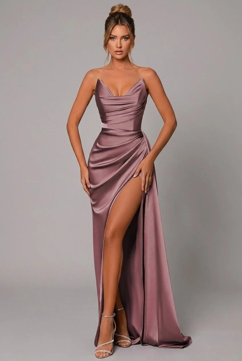 Satin Maxi Dress Sweetheart Neckline Ruched Bodice Thigh Split Open Back
