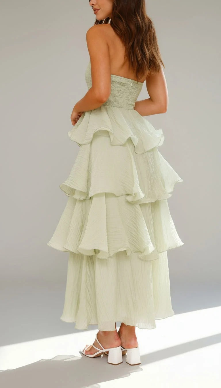 Strapless Tiered Ruffle Maxi Dress Fitted Bodice Three-Tier Skirt Elegant Wedding Wear