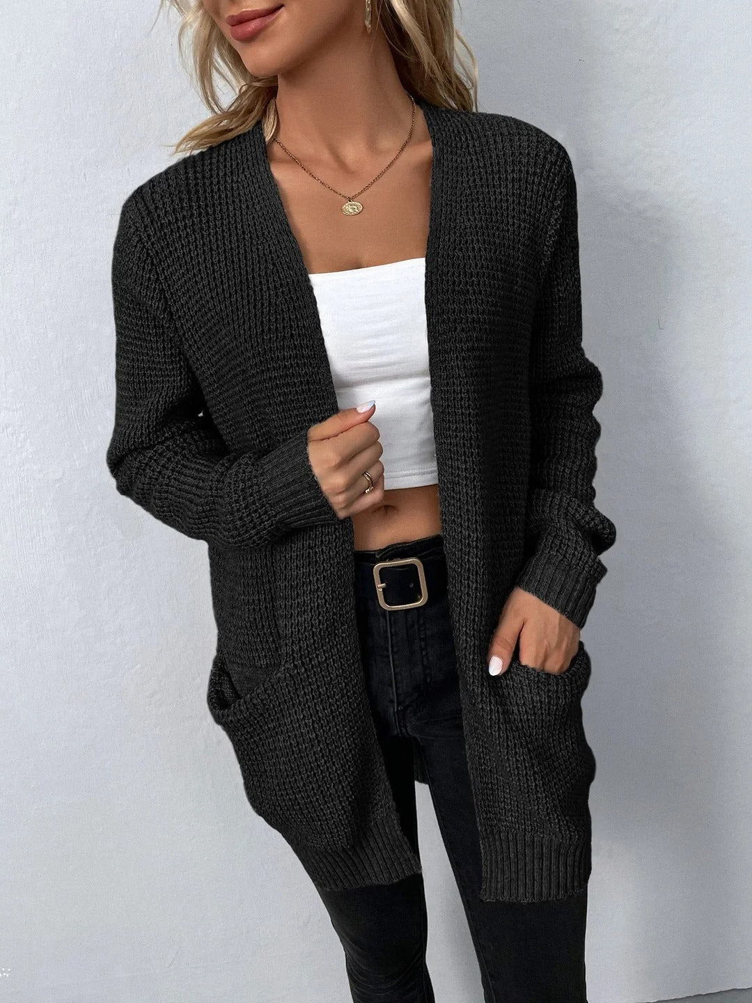 Open Front Waffle-Knit Cardigan Collarless Loose Fit