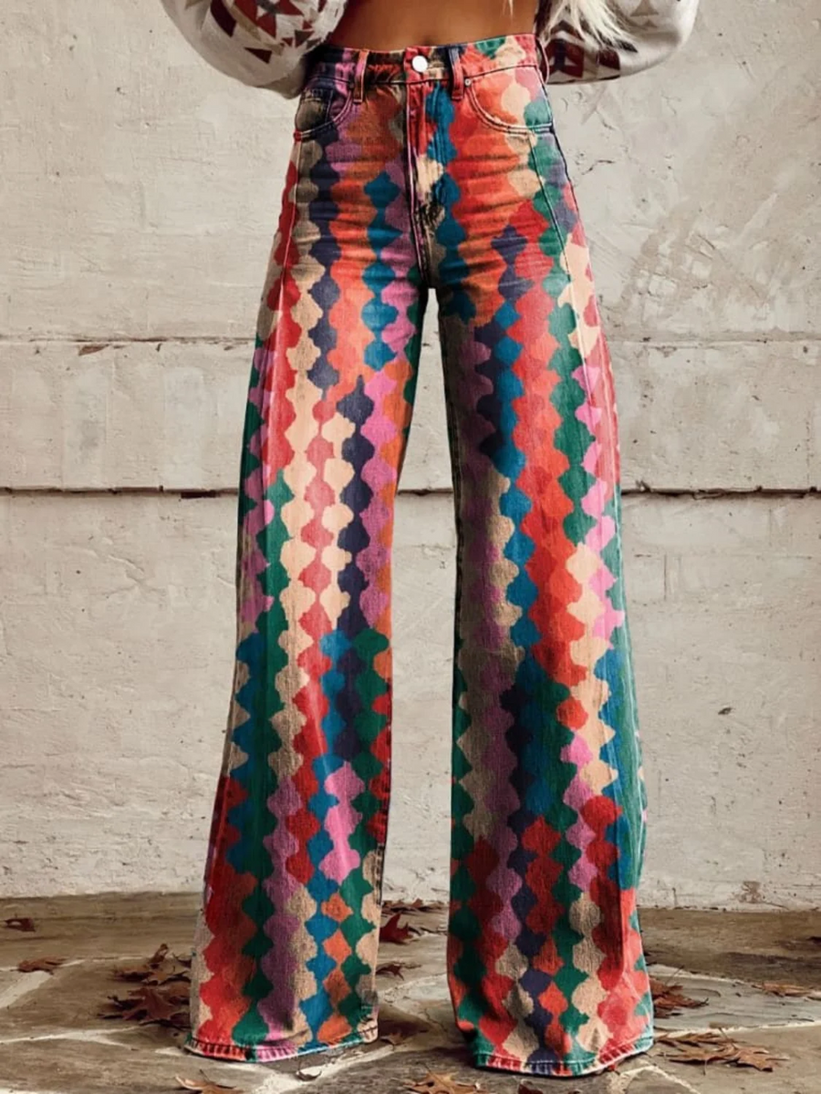 Vintage Print Wide-Leg Pants