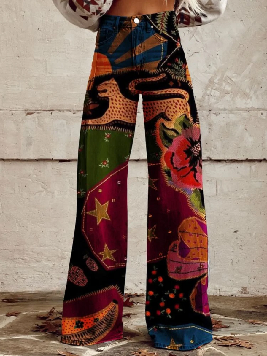 Colorful Printed Wide-Leg Pants