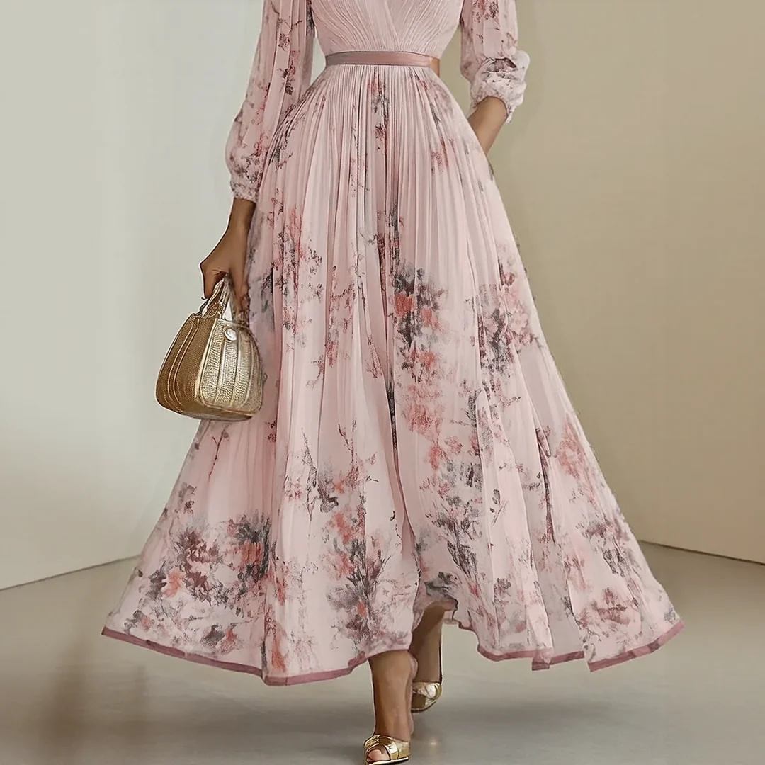 Elegant Pleated Maxi V-Neck Dress Flowing Pleated Design Adjustable Waist Tie