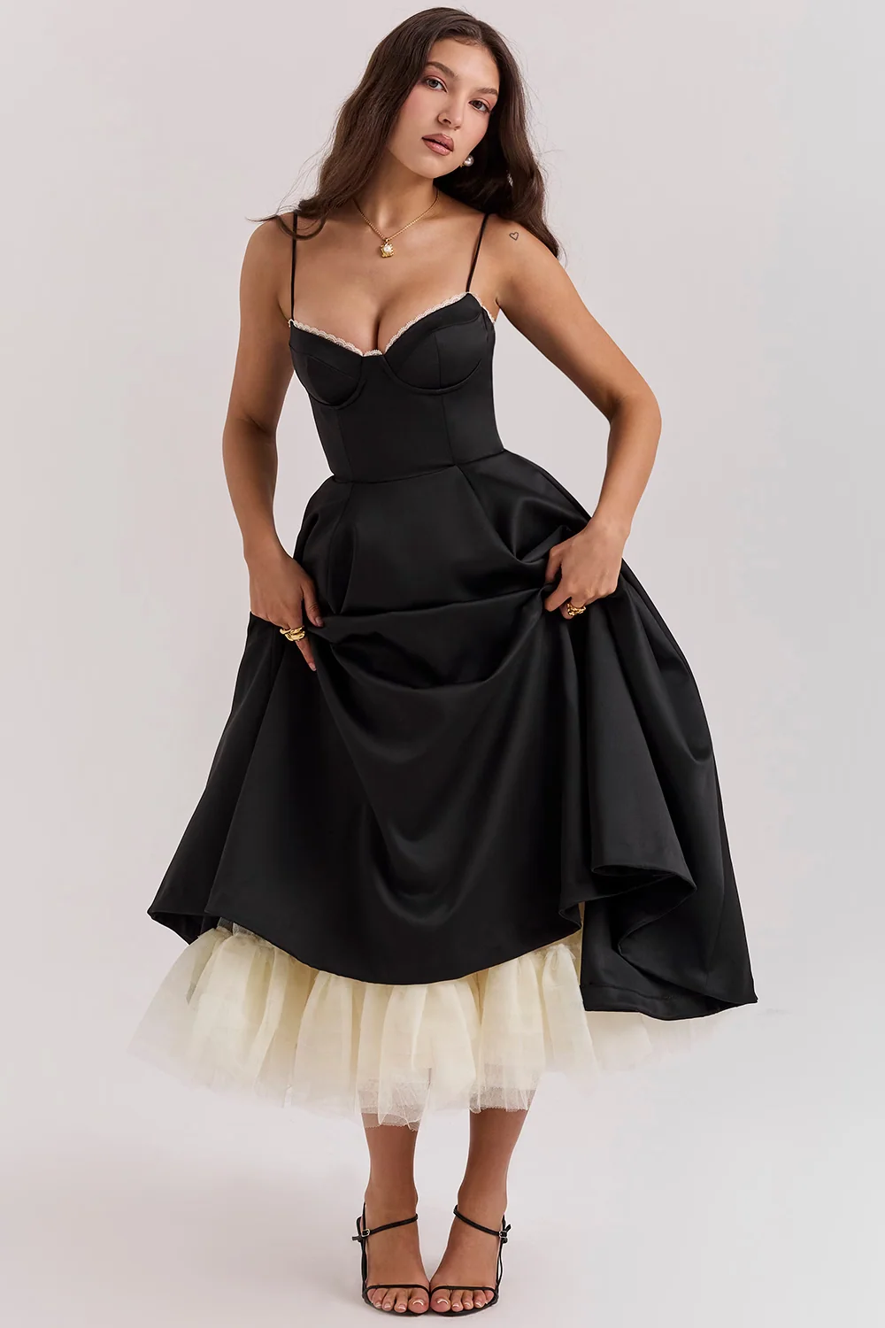 Boned Corset Midi Dress Sweetheart Neckline Tulle Skirt Pockets