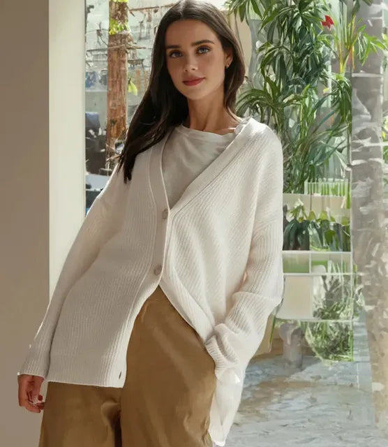 Ribbed Knit V-Neck Cardigan Oversized Button Front Luxe Blend