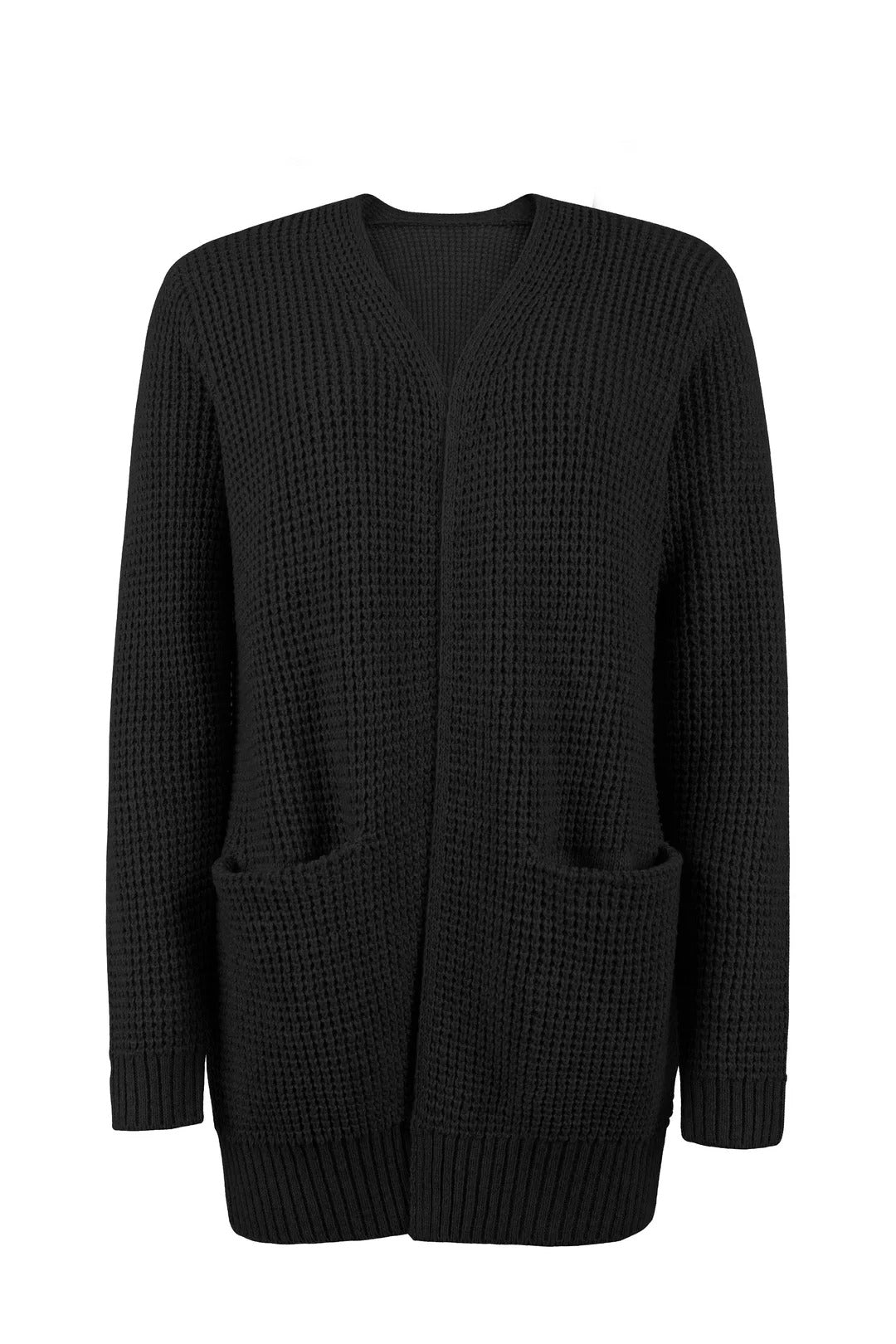Open Front Waffle-Knit Cardigan Collarless Loose Fit