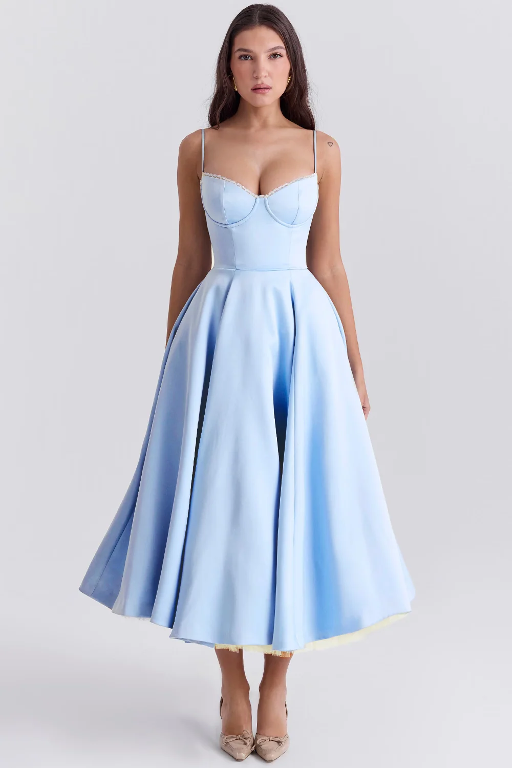 Boned Corset Midi Dress Sweetheart Neckline Tulle Skirt Pockets