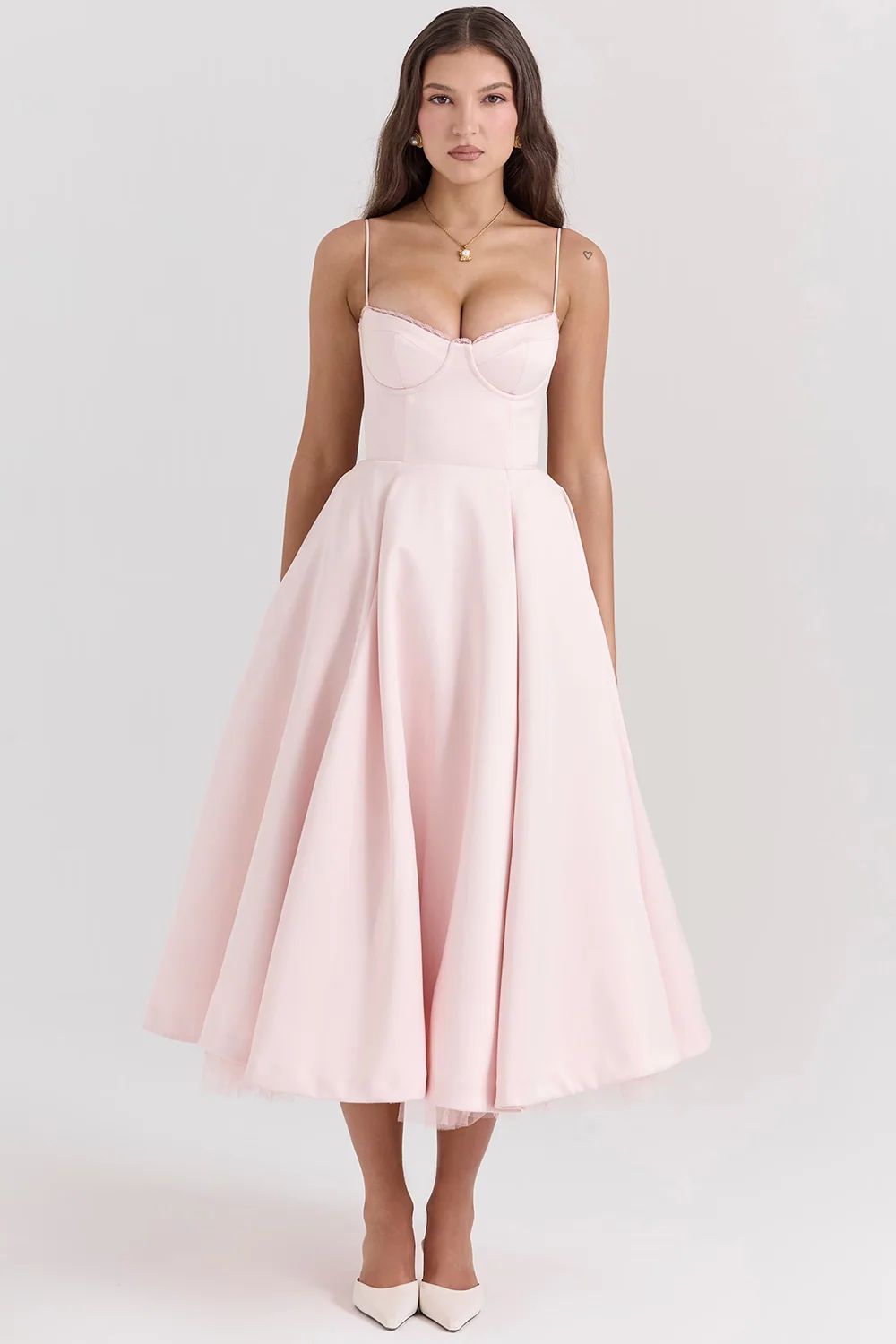Boned Corset Midi Dress Sweetheart Neckline Tulle Skirt Pockets