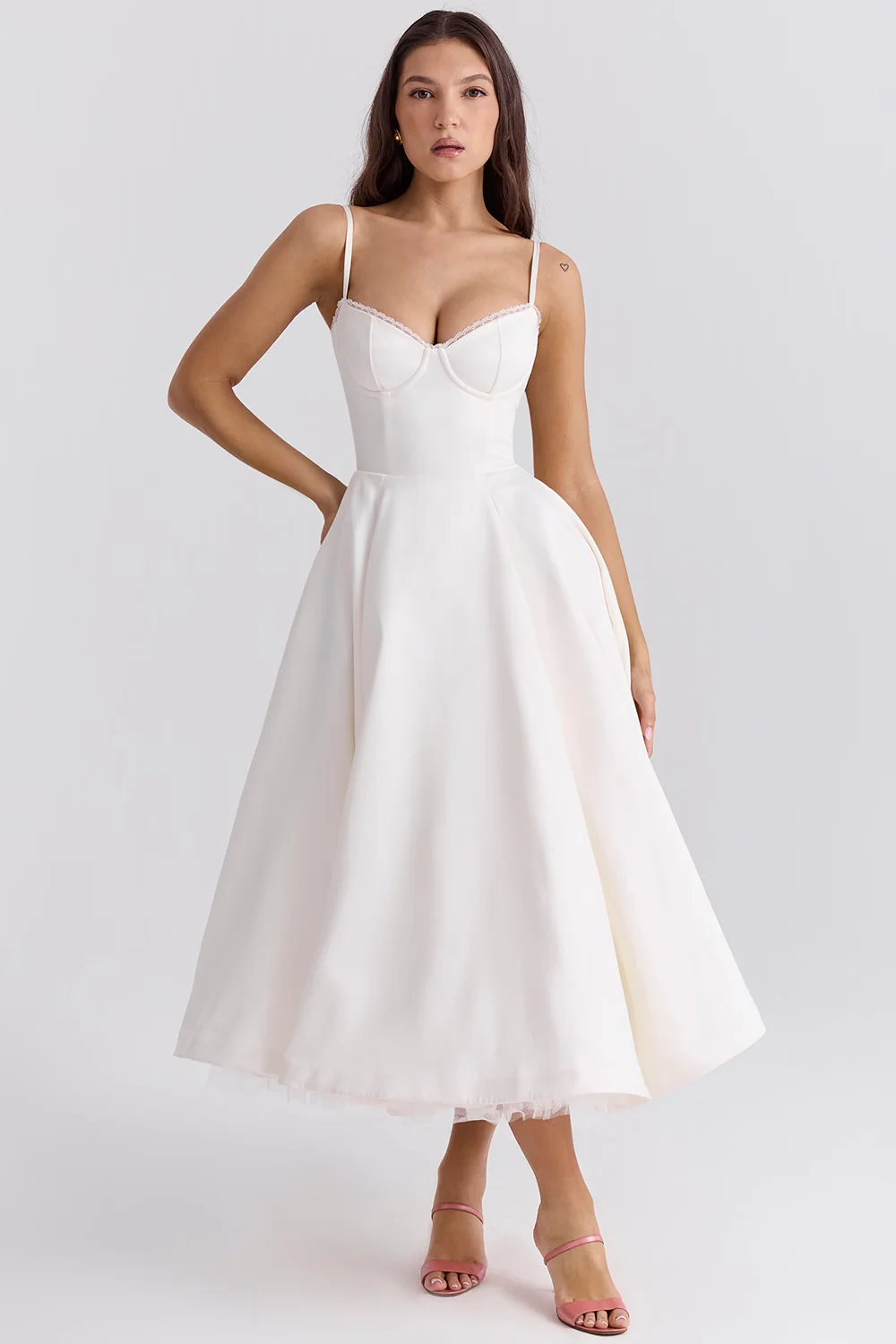 Boned Corset Midi Dress Sweetheart Neckline Tulle Skirt Pockets