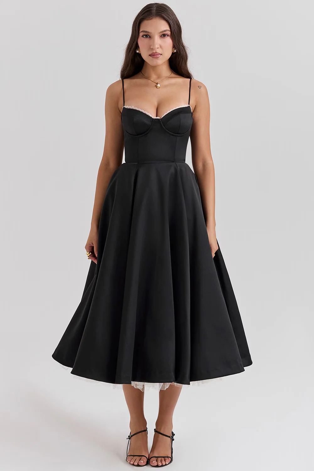 Boned Corset Midi Dress Sweetheart Neckline Tulle Skirt Pockets