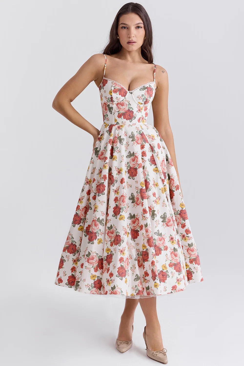 Boned Corset Midi Dress Sweetheart Neckline Tulle Skirt Pockets