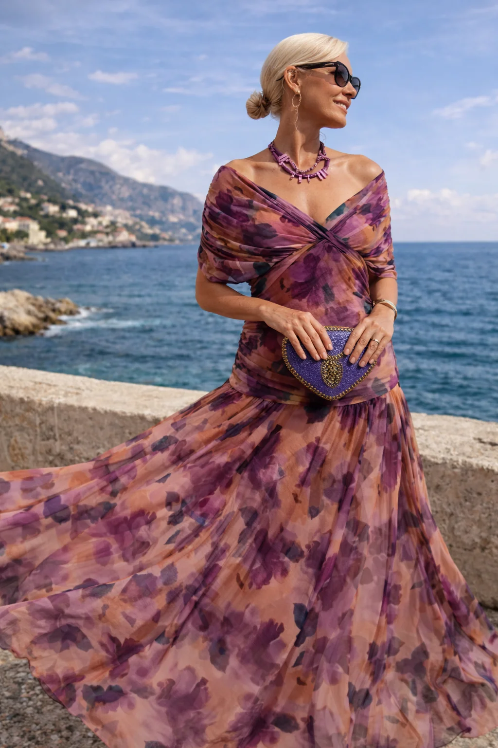 Chiffon Maxi Dress V-Neck Ruched Waist Floaty Sleeves Ankle-Length
