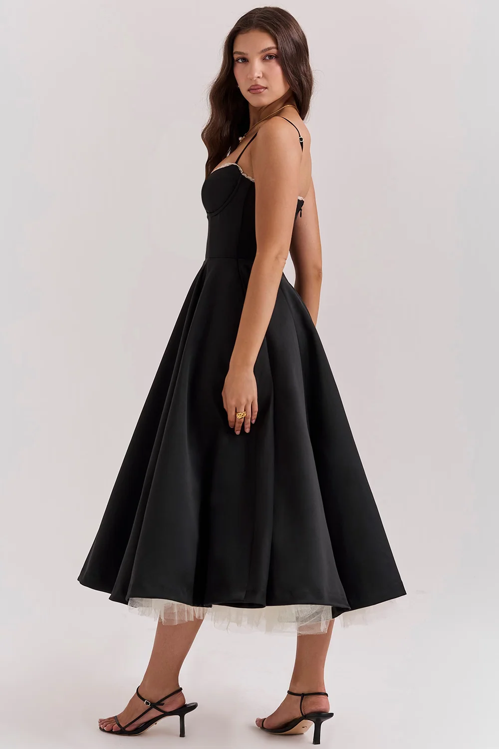 Boned Corset Midi Dress Sweetheart Neckline Tulle Skirt Pockets