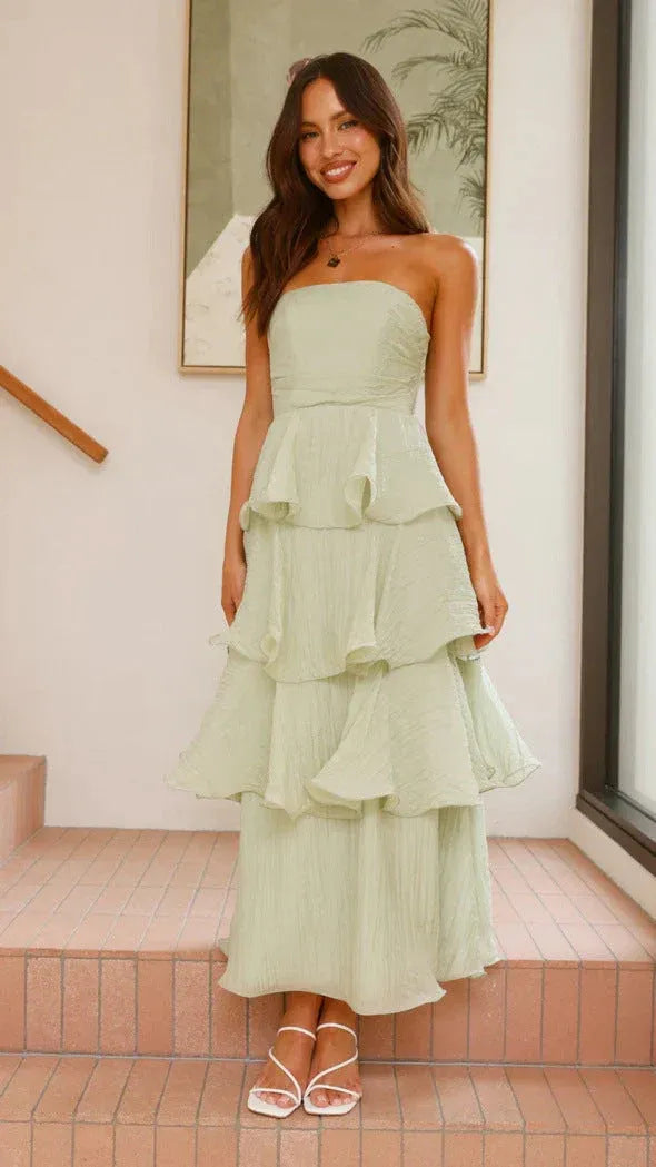 Strapless Tiered Ruffle Maxi Dress Fitted Bodice Three-Tier Skirt Elegant Wedding Wear