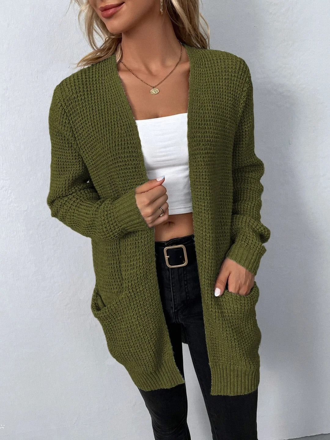 Open Front Waffle-Knit Cardigan Collarless Loose Fit