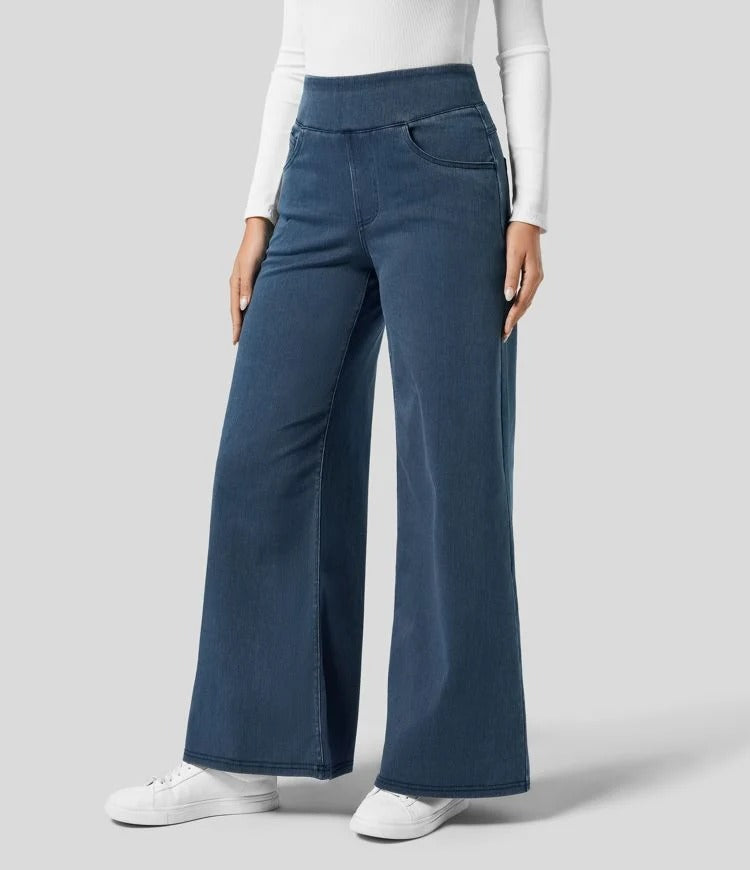 High-Waist Wide-Leg Jeans Pull-On Waistband Comfortable Denim