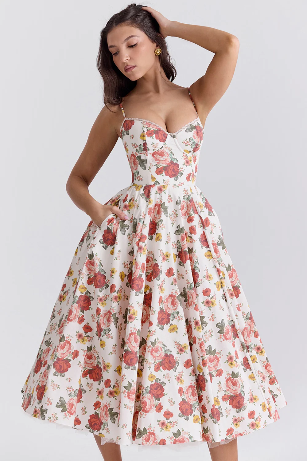 Boned Corset Midi Dress Sweetheart Neckline Tulle Skirt Pockets