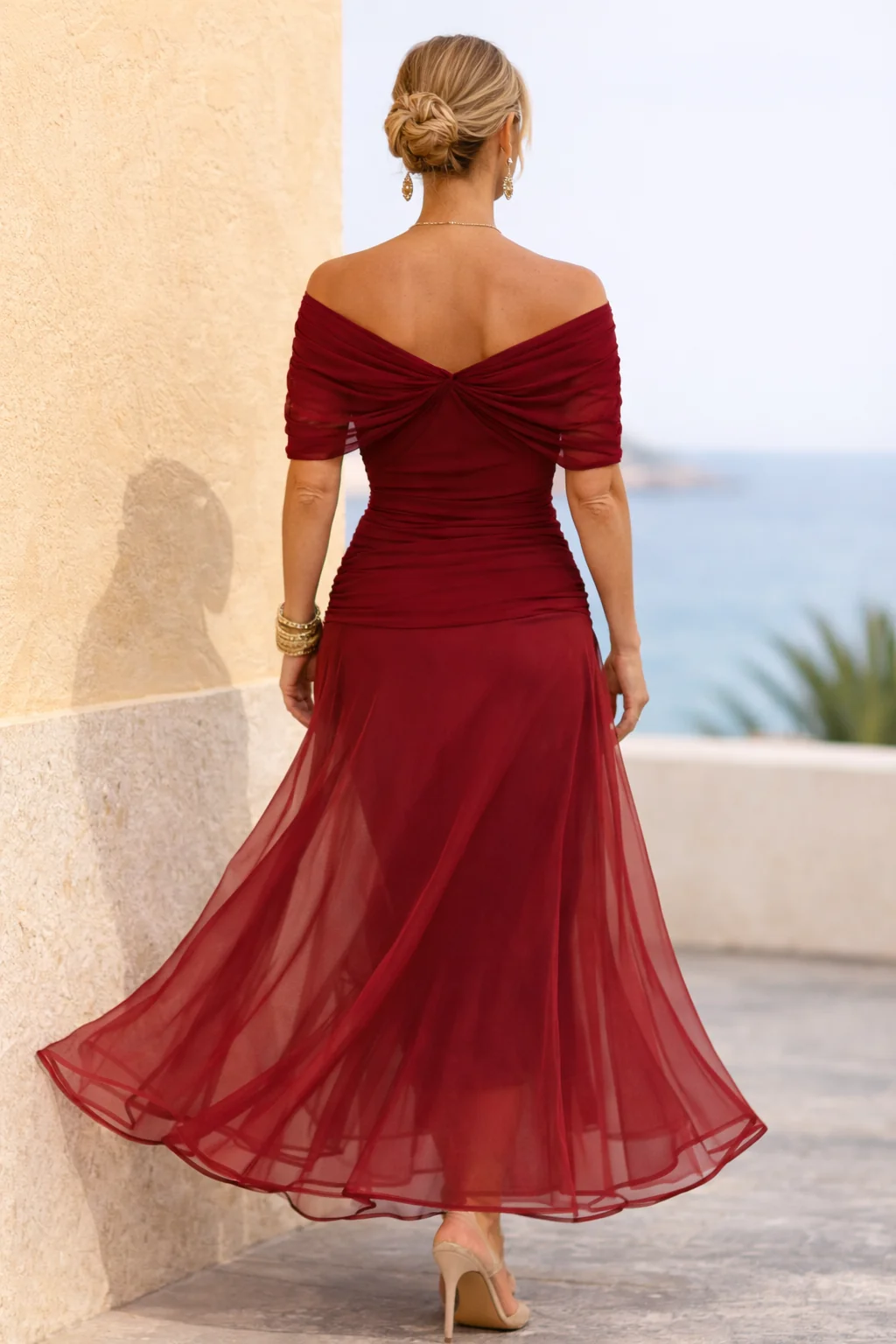 Chiffon Maxi Dress V-Neck Ruched Waist Floaty Sleeves Ankle-Length