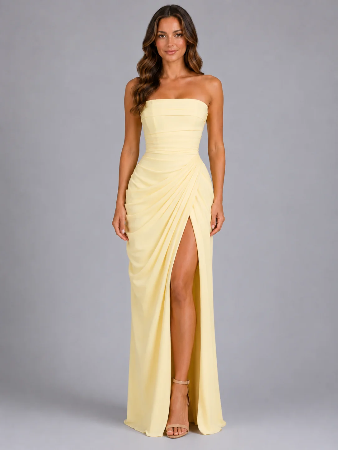 Strapless Draped Maxi Dress Bandeau Neckline Ruched Waist High Leg Slit