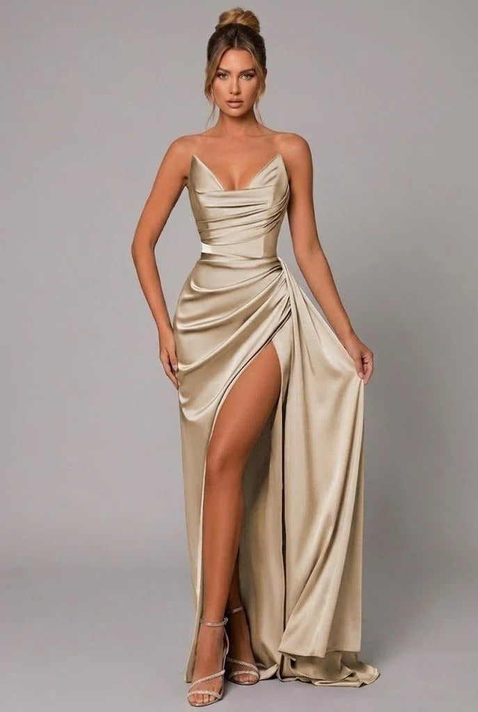 Satin Maxi Dress Sweetheart Neckline Ruched Bodice Thigh Split Open Back
