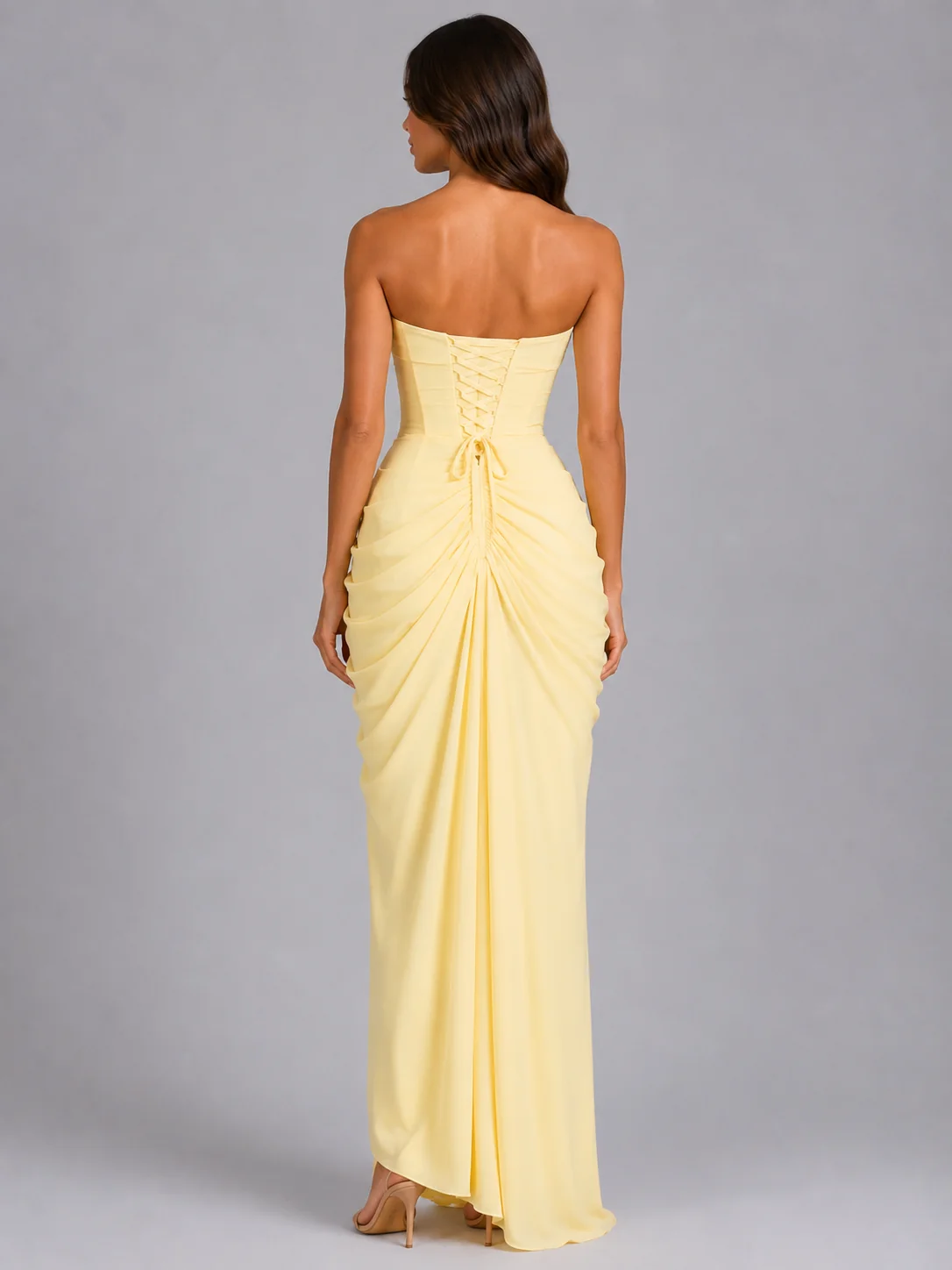 Strapless Draped Maxi Dress Bandeau Neckline Ruched Waist High Leg Slit