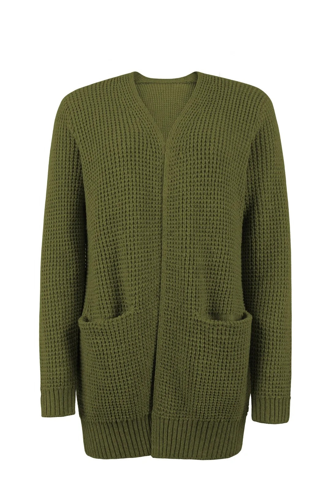 Open Front Waffle-Knit Cardigan Collarless Loose Fit