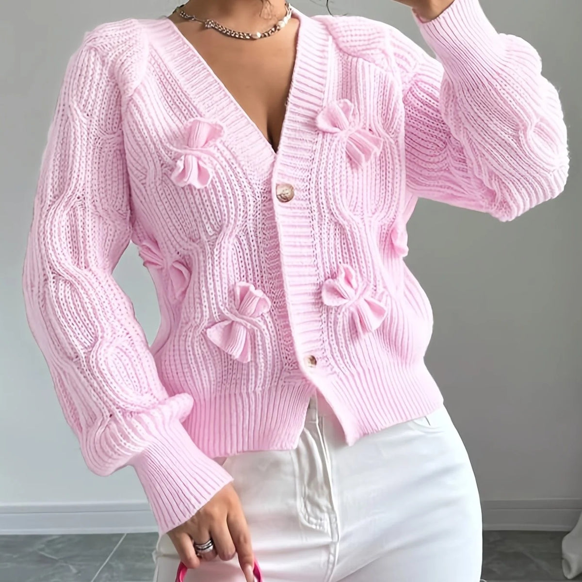 Cable-Knit Bow-Detail Cardigan V-Neck Long Sleeves Flared Cuffs