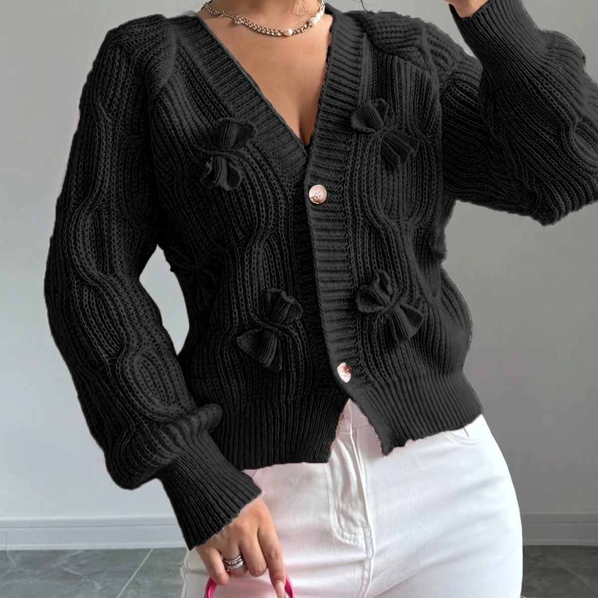 Cable-Knit Bow-Detail Cardigan V-Neck Long Sleeves Flared Cuffs