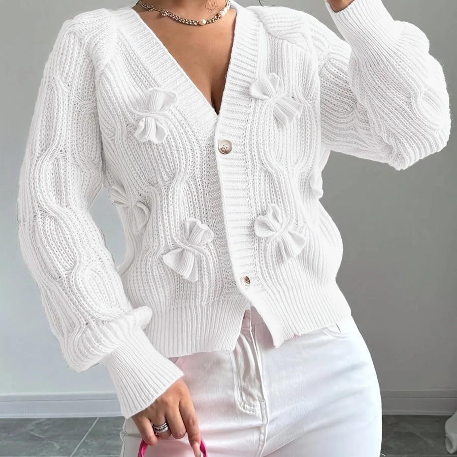 Cable-Knit Bow-Detail Cardigan V-Neck Long Sleeves Flared Cuffs