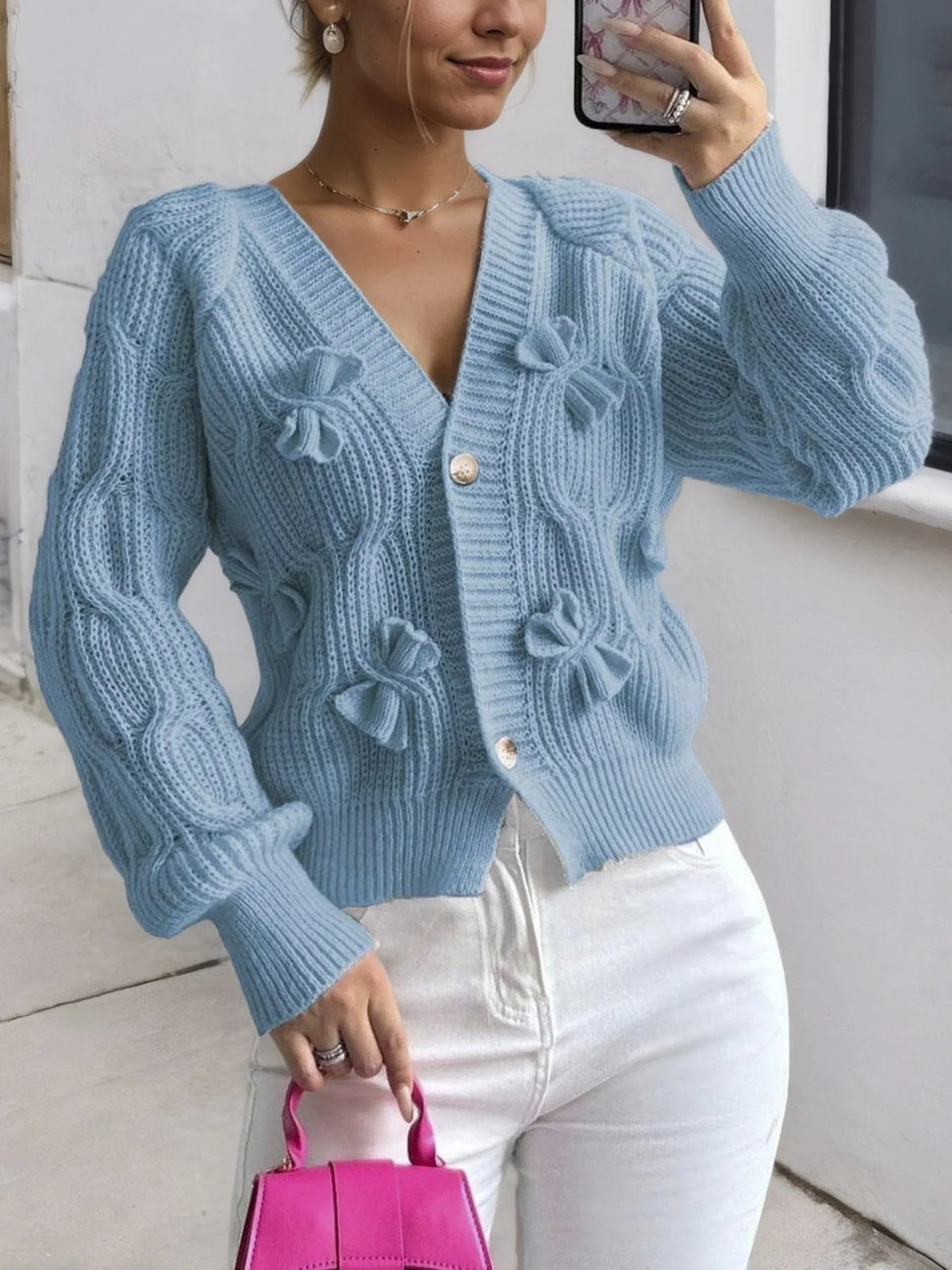 Cable-Knit Bow-Detail Cardigan V-Neck Long Sleeves Flared Cuffs