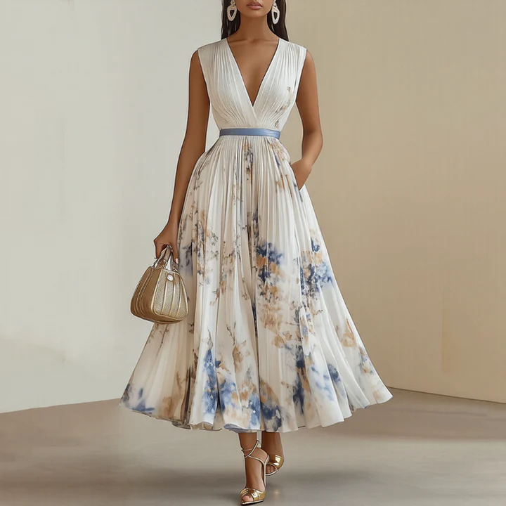 Elegant Pleated Maxi V-Neck Dress Flowing Pleated Design Adjustable Waist Tie
