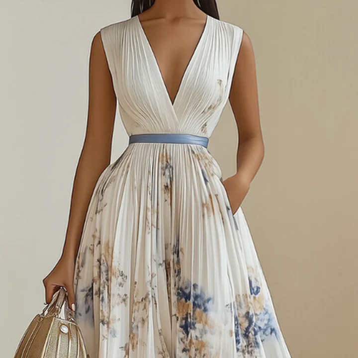 Elegant Pleated Maxi V-Neck Dress Flowing Pleated Design Adjustable Waist Tie