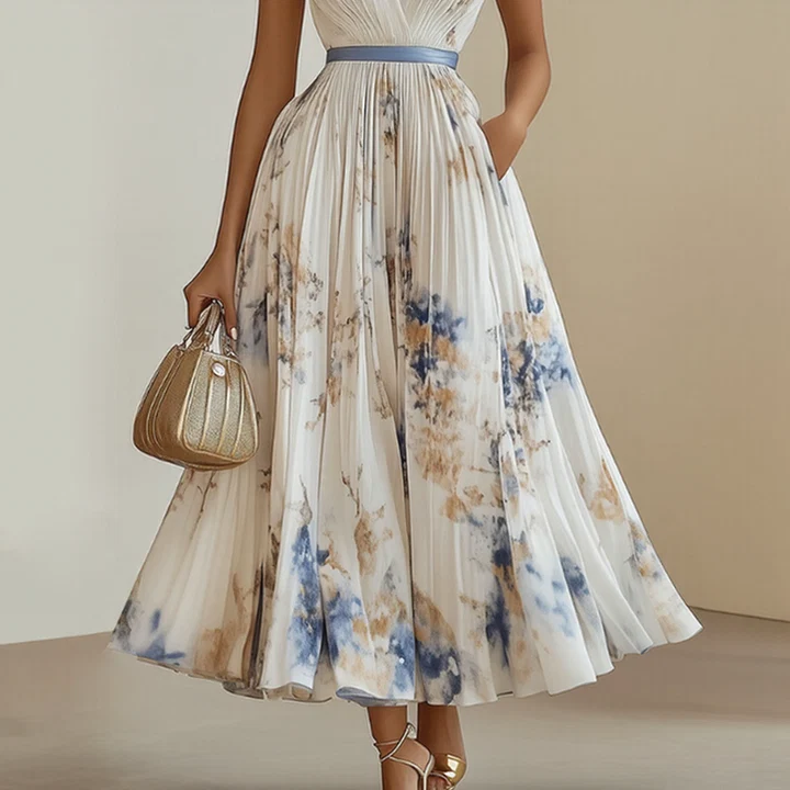 Elegant Pleated Maxi V-Neck Dress Flowing Pleated Design Adjustable Waist Tie