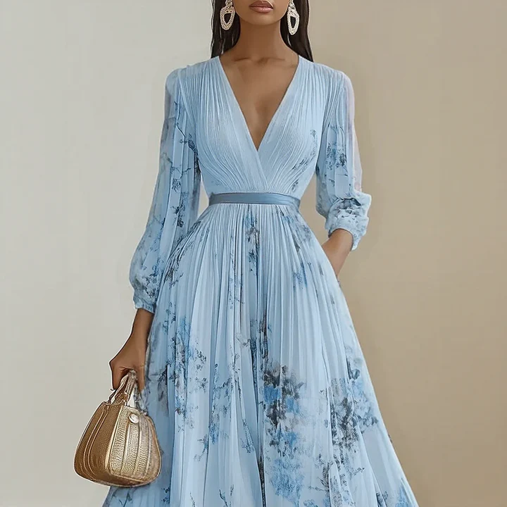 Elegant Pleated Maxi V-Neck Dress Flowing Pleated Design Adjustable Waist Tie