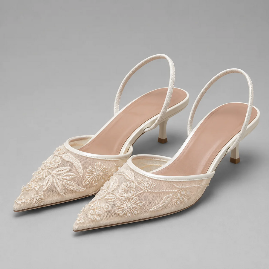 Embroidered Mesh Kitten Heel Slingbacks Pointed Toe Slingback Strap