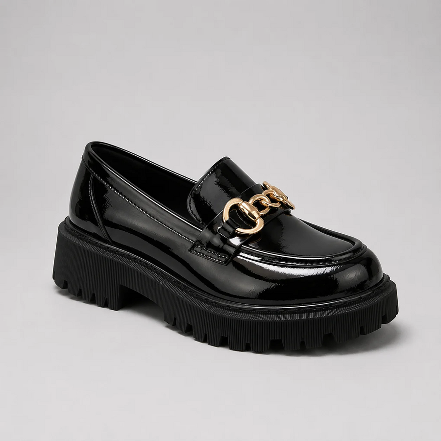 Platform Loafers with Block Heel Round Toe Chunky Platform Sole