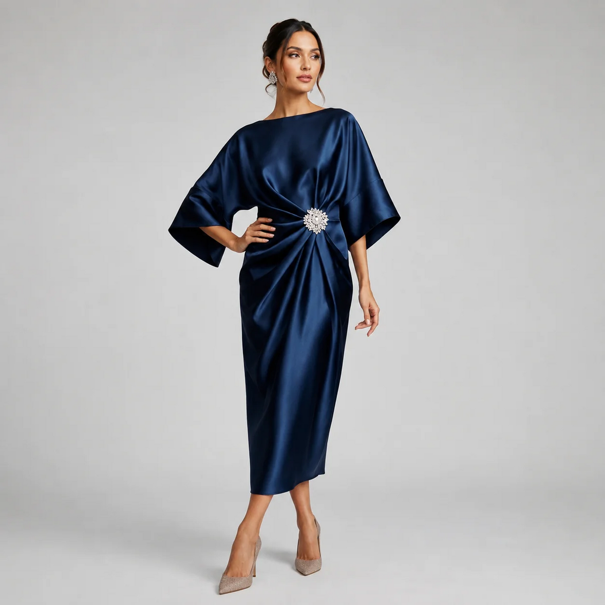 Satin-Look Batwing Sleeve Midi Dress Boat Neckline Jewel Brooch Waist Detail