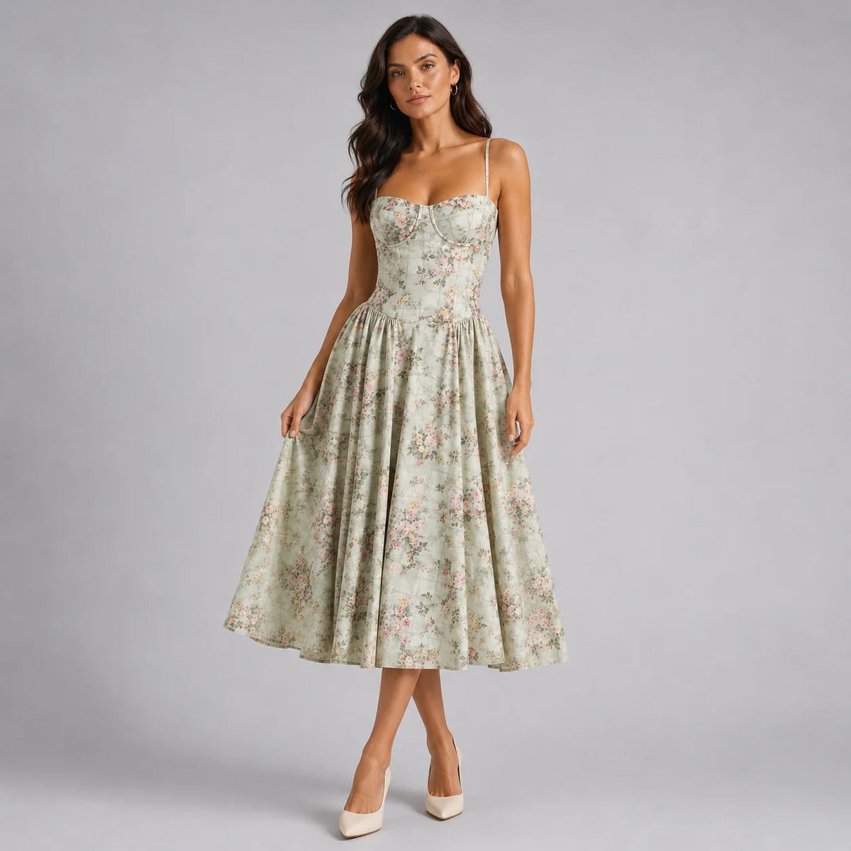 Floral Corset Midi Dress Sweetheart Neckline Spaghetti Straps Gathered Skirt