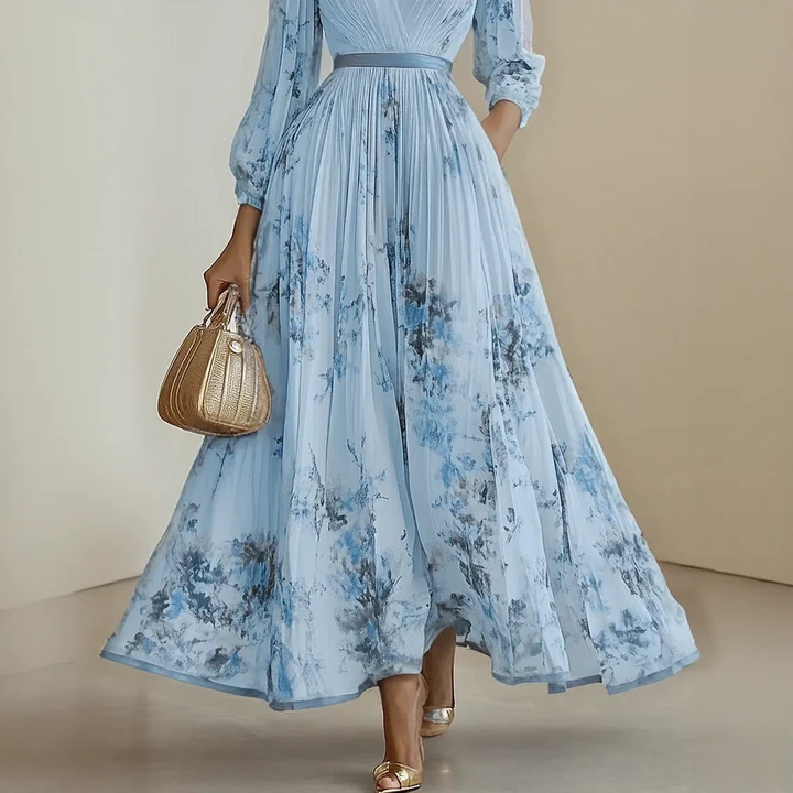 Elegant Pleated Maxi V-Neck Dress Flowing Pleated Design Adjustable Waist Tie