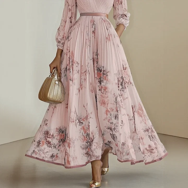 Elegant Pleated Maxi V-Neck Dress Flowing Pleated Design Adjustable Waist Tie