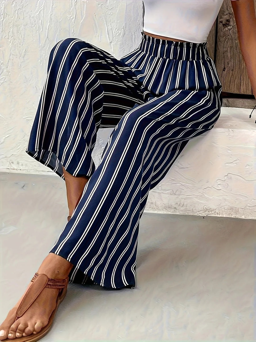 Navy Striped Palazzo Trousers Elasticated Waist Flowing Leg
