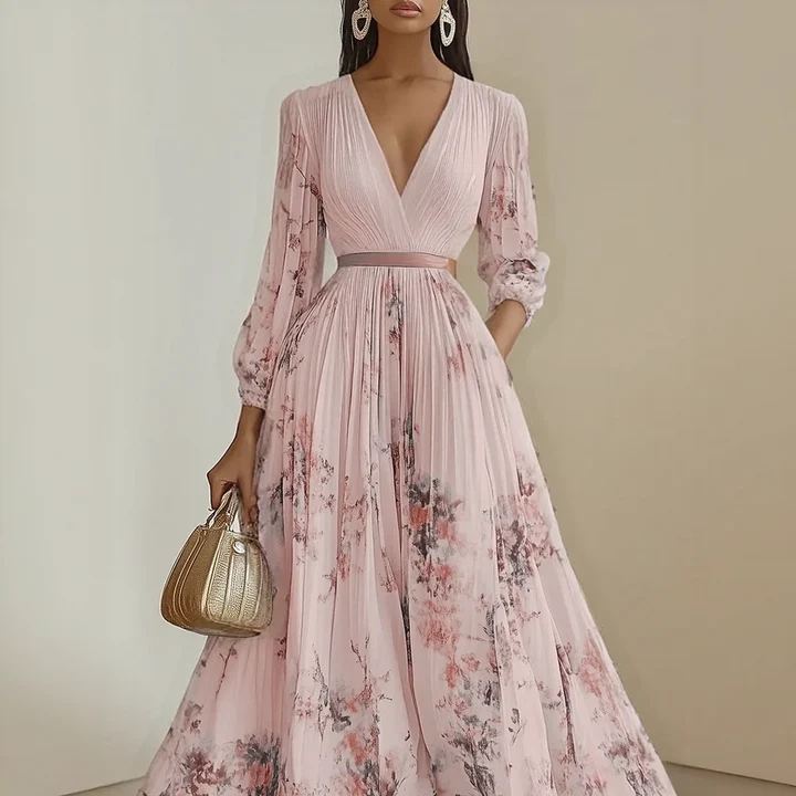 Elegant Pleated Maxi V-Neck Dress Flowing Pleated Design Adjustable Waist Tie