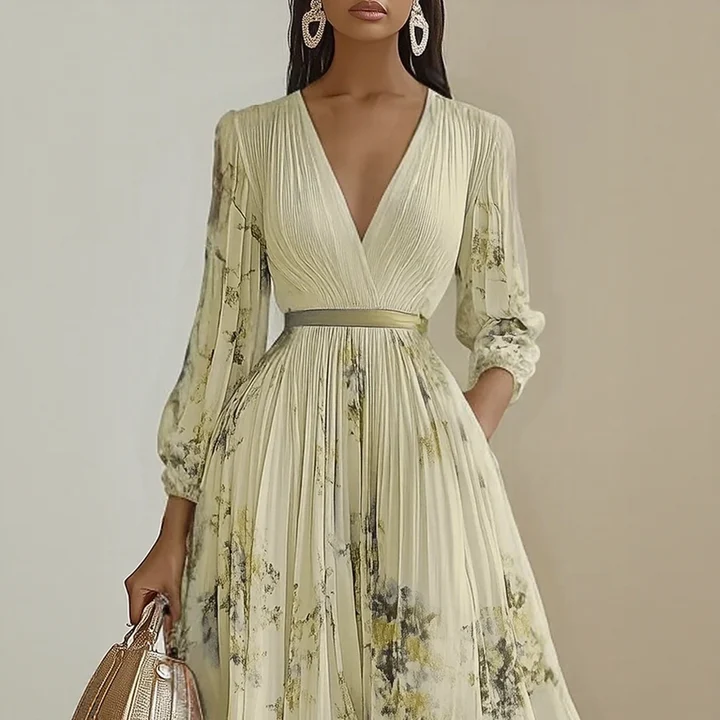Elegant Pleated Maxi V-Neck Dress Flowing Pleated Design Adjustable Waist Tie