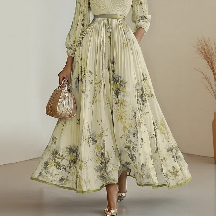 Elegant Pleated Maxi V-Neck Dress Flowing Pleated Design Adjustable Waist Tie