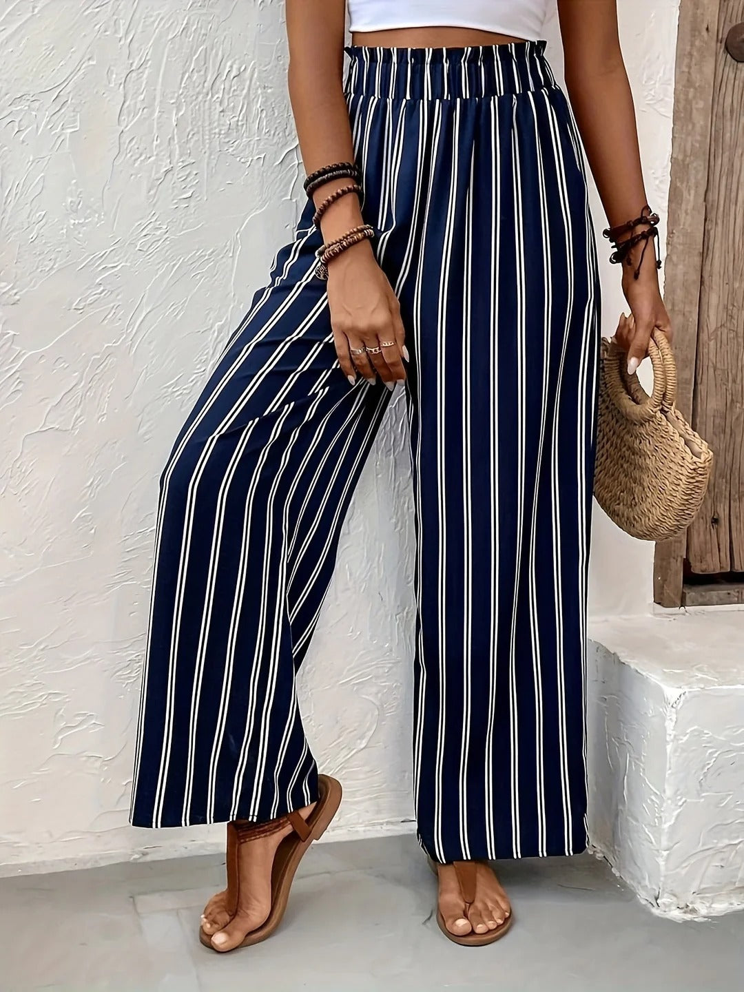 Navy Striped Palazzo Trousers Elasticated Waist Flowing Leg