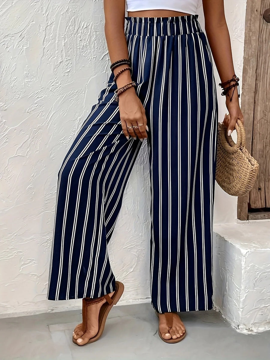 Navy Striped Palazzo Trousers Elasticated Waist Flowing Leg