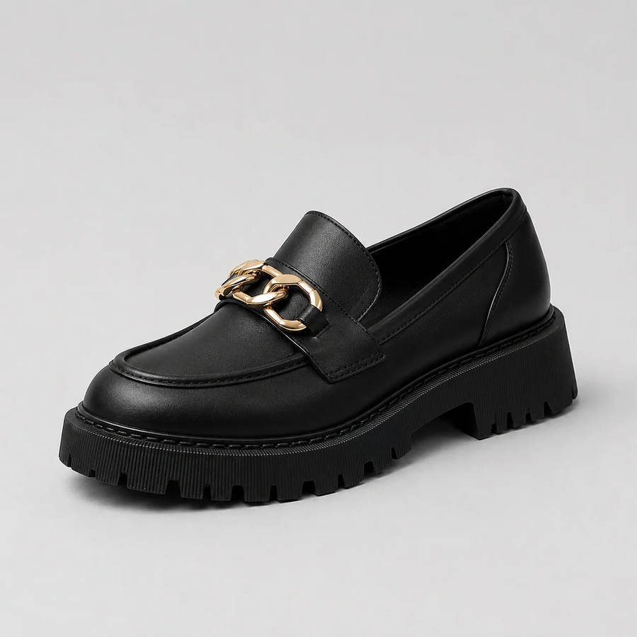 Platform Loafers with Block Heel Round Toe Chunky Platform Sole