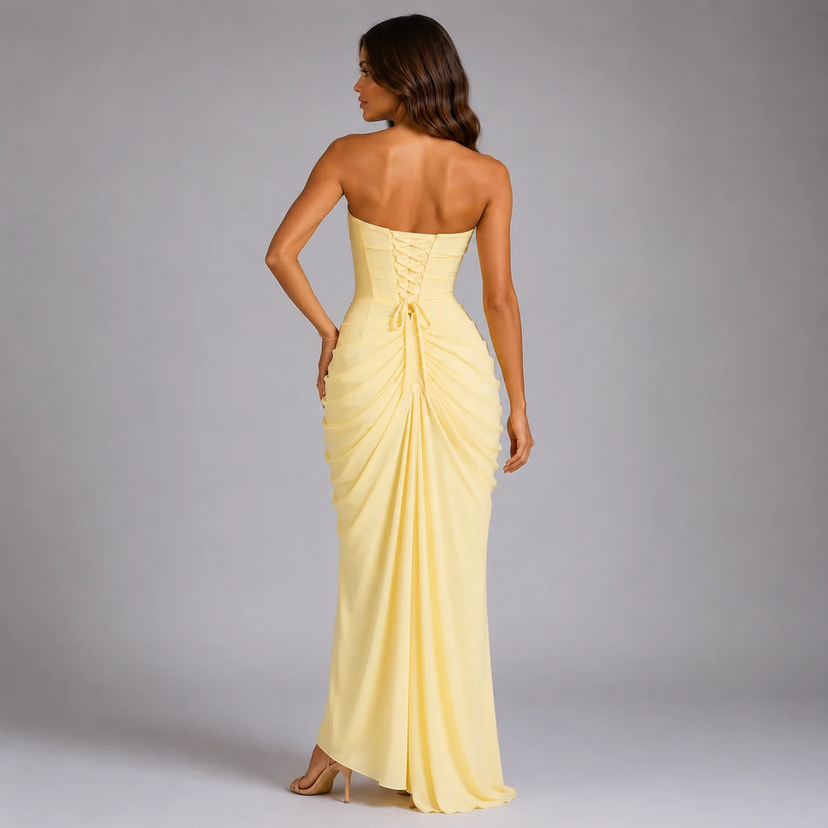 Strapless Draped Maxi Dress Bandeau Neckline Ruched Waist High Leg Slit