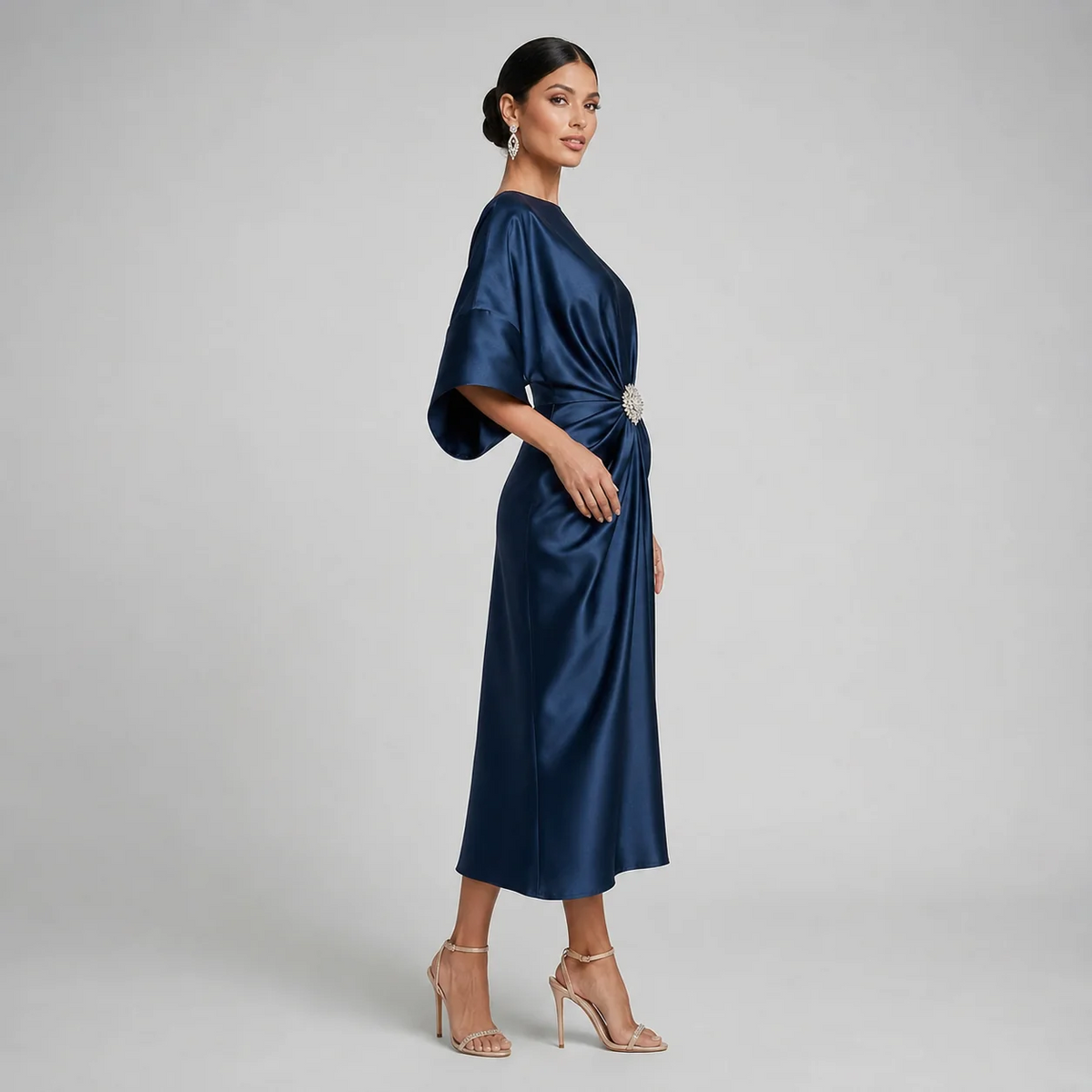 Satin-Look Batwing Sleeve Midi Dress Boat Neckline Jewel Brooch Waist Detail