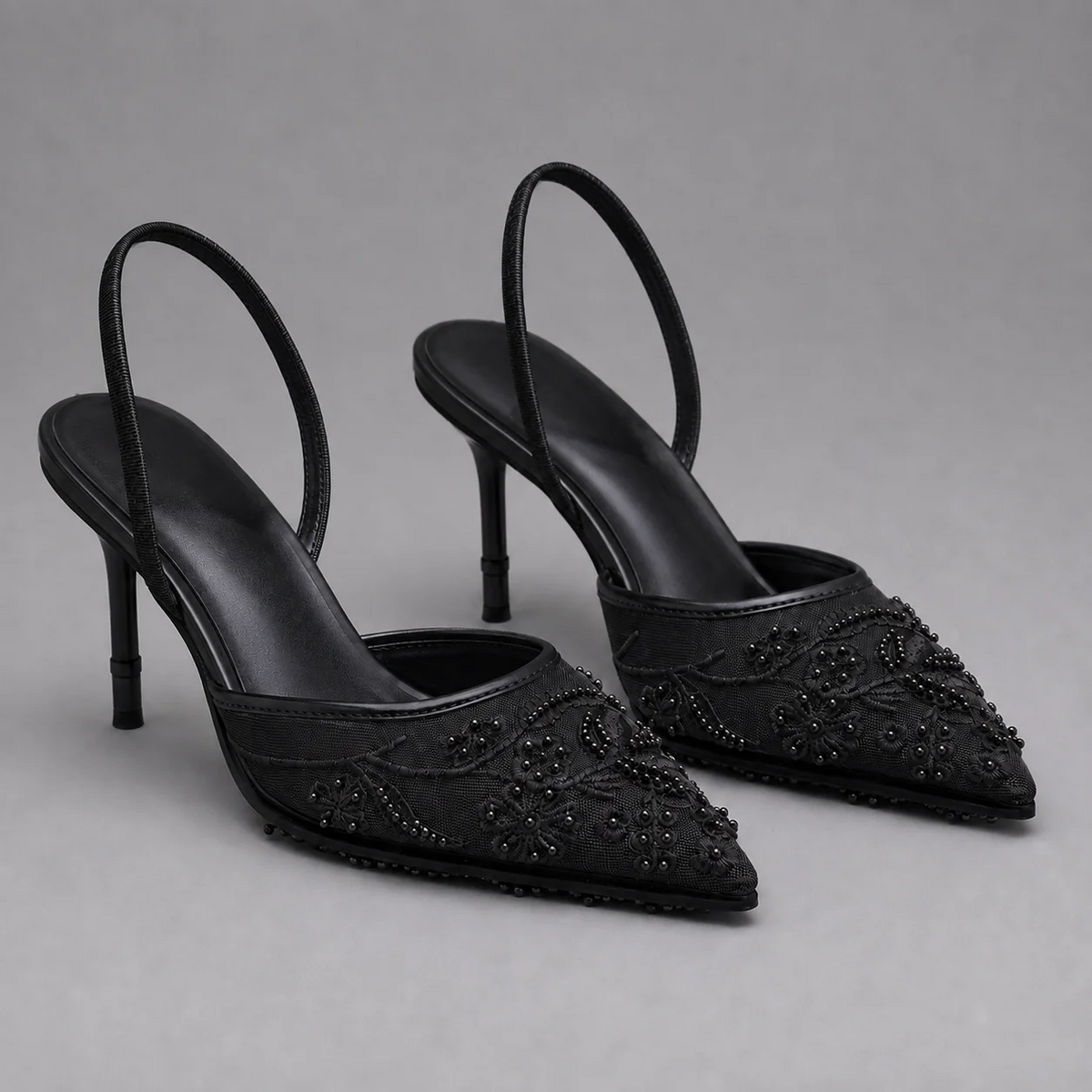 Embroidered Mesh Kitten Heel Slingbacks Pointed Toe Slingback Strap