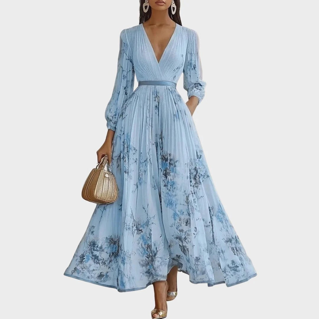 Elegant Pleated Maxi V-Neck Dress Flowing Pleated Design Adjustable Waist Tie